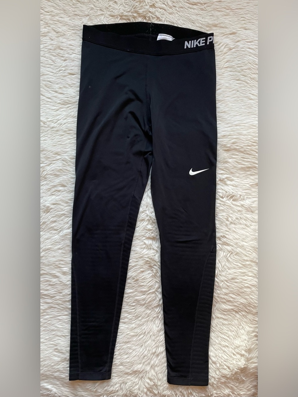 Nike pro black leggings stripe bottom dri fit women’s L large swoosh logo gym